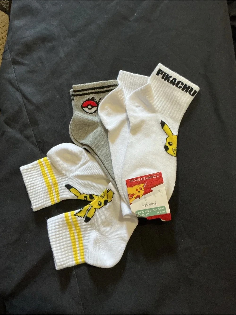 Pikachu Crew Socks Trio - White, Gray, Yellow nwt size 7- 10